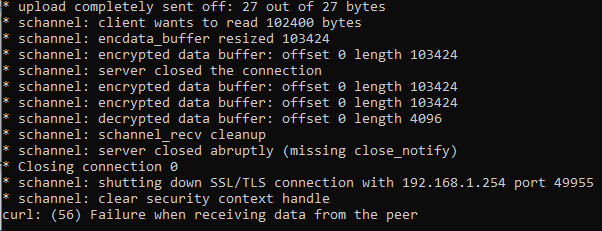 Screenshot of the BGW210-700's responses to sending HTTPS POST requests via cURL, showing that the device reset following a piped reboot command. 